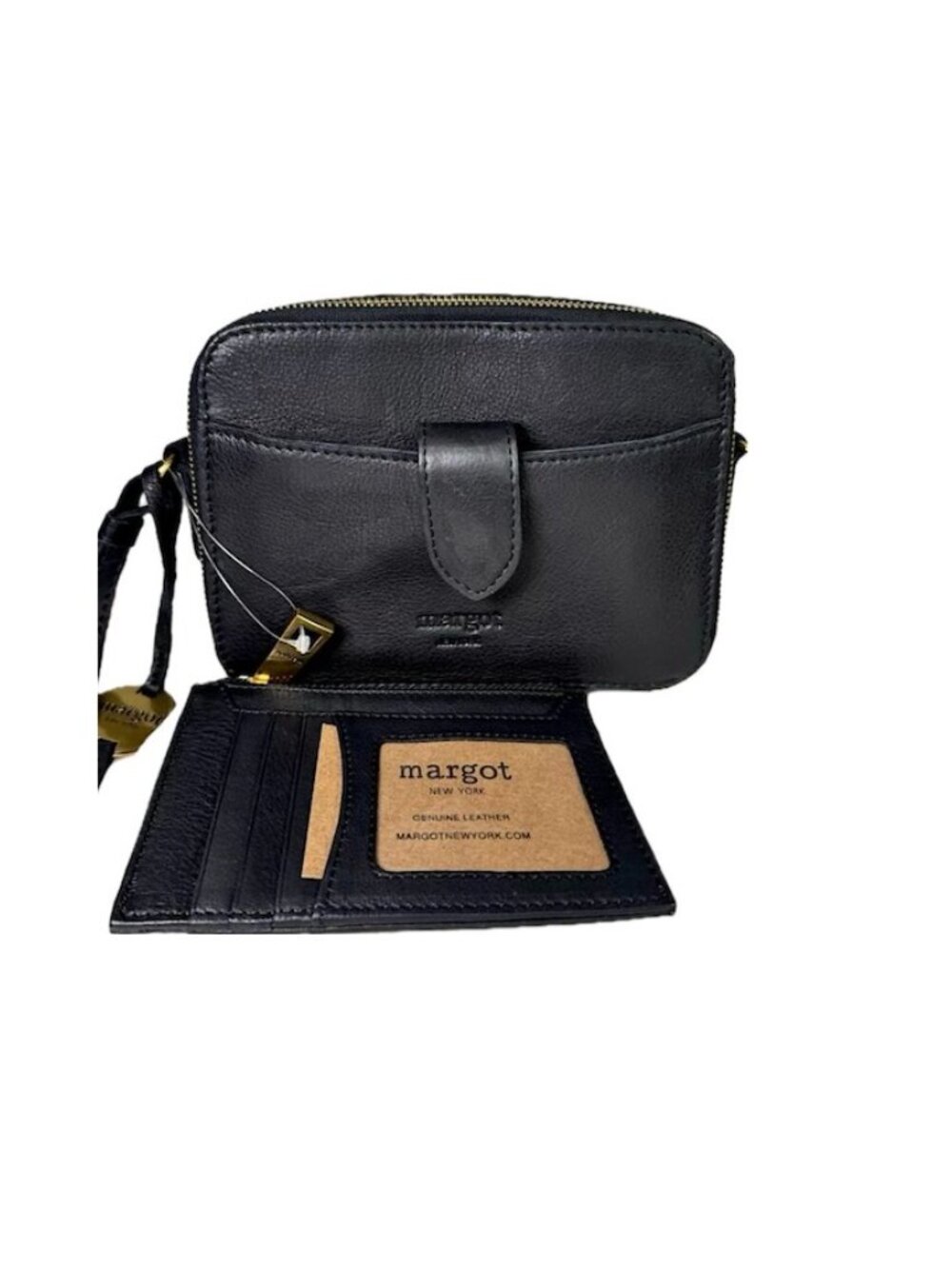 Margot Compact Crossbody Black Leather Bag & Wallet Brass Zippers Pockets NEW